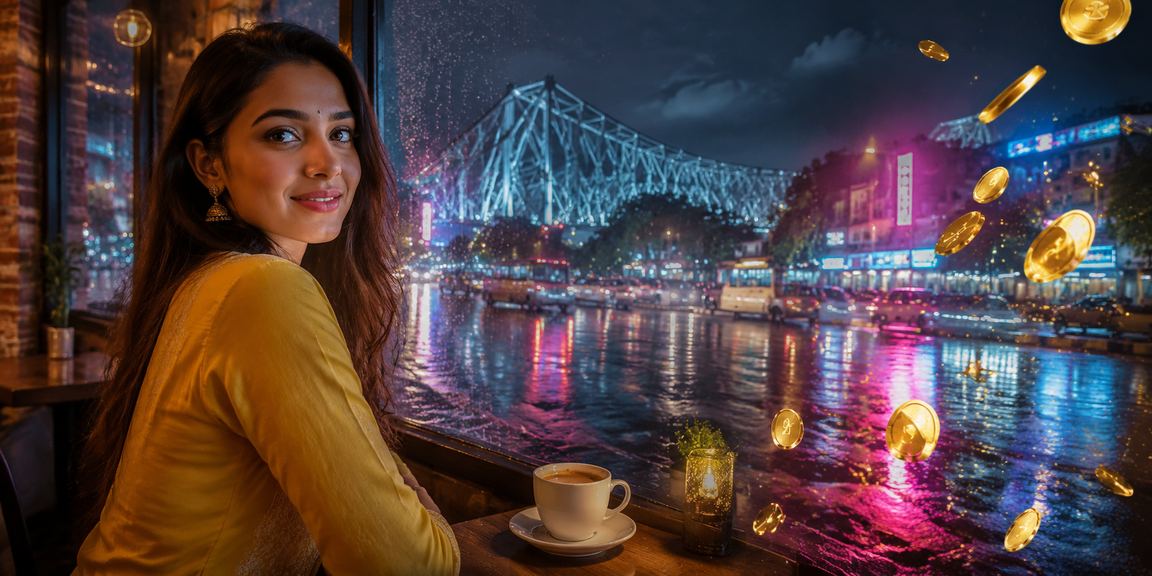 Kolkata city view with neon lights and online betting theme