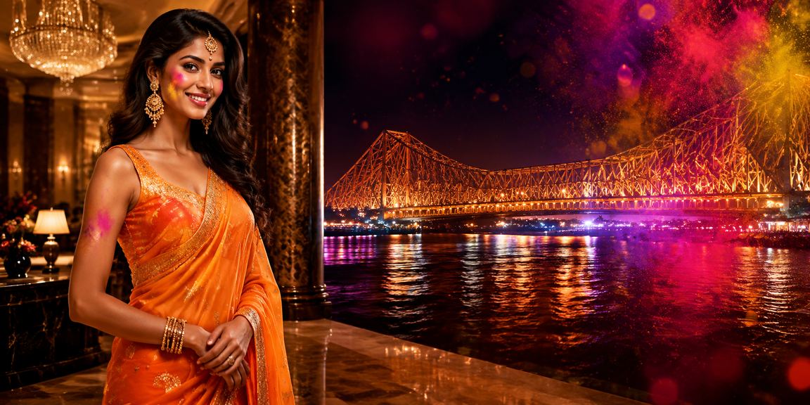 Kolkata Howrah Bridge with festive lights and online betting theme